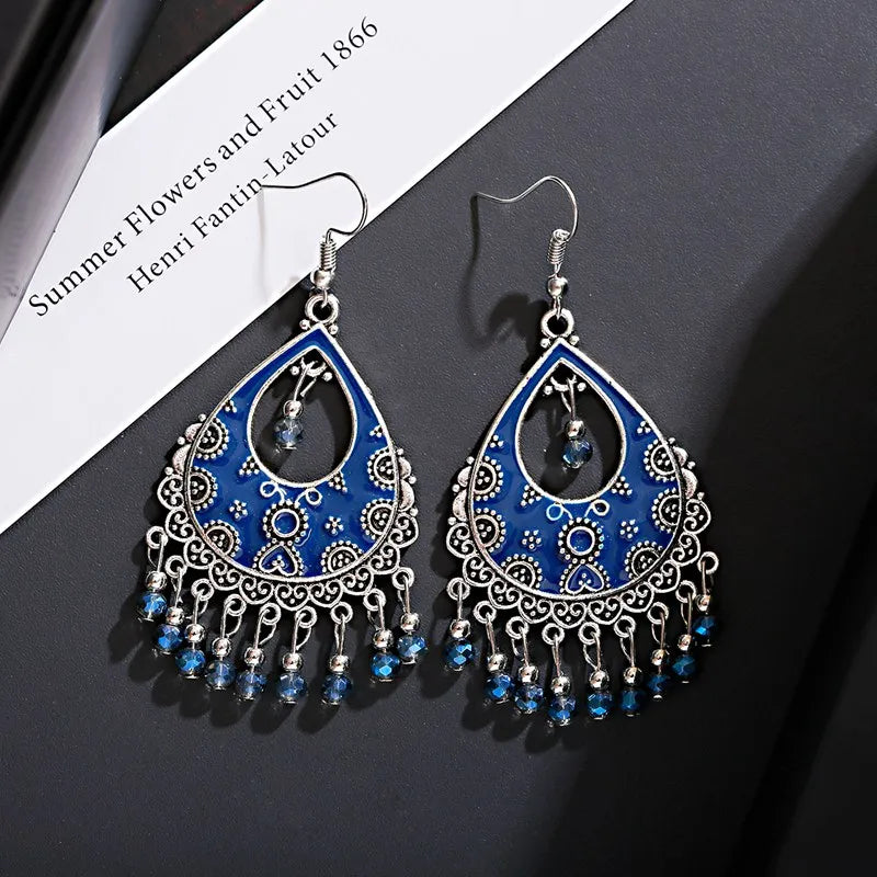 خمر الخرز الأحمر شرابة أقراط الزفاف الهندي Jhumka العتيقة بوهو الفضة اللون زهرة منحوتة إسقاط أقراط Brincos مجوهرات