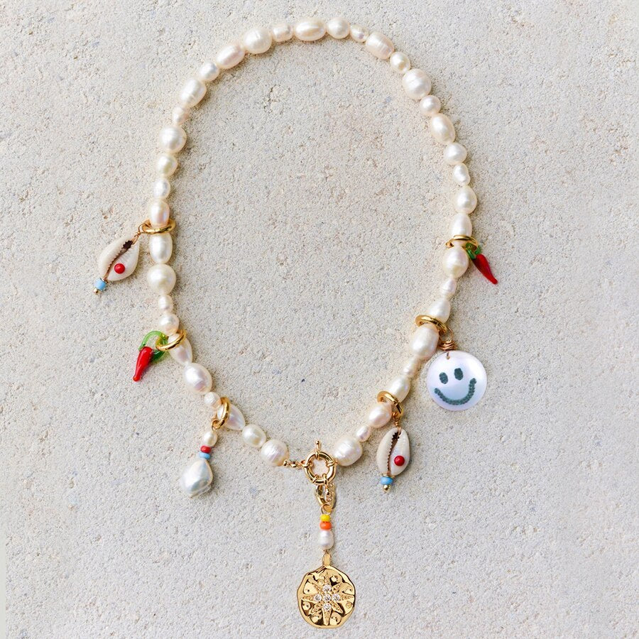 puka shell charms red chili charms smile pendant natural freshwater pearl necklaces for women 2020 bohemian DIY jewelry - Charlie Dolly