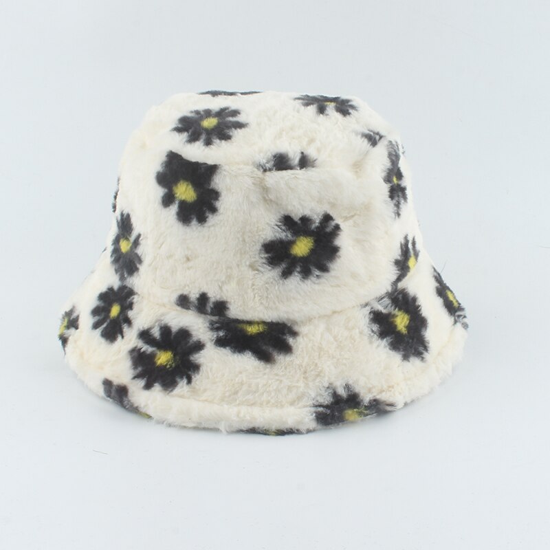2021 New Fashion Korean Pink Cow Print Bucket Hat Faux Fur Winter Hats For Women Warm Plush Fisherman Caps