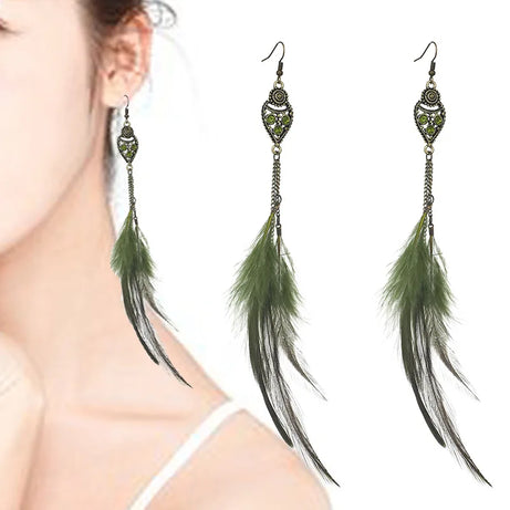 Feather Rhinestone Chain Tassel Long Earrings Jewelry