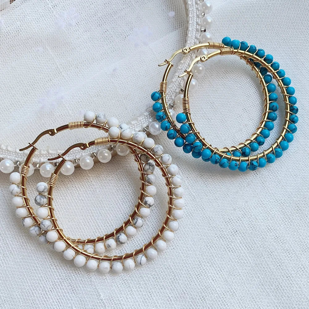 50mm Large Natural Stone Earrings for Women Ear Ring Agates Crystal Gold Plated Stainless Steel Circle Hoop Earring Boho Jewelry
