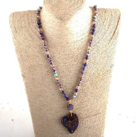 Fashion Bohemian Jewelry Boho Gift Natural Stones With Druzy Links Heart Stone Pendant Necklaces For Women - Charlie Dolly