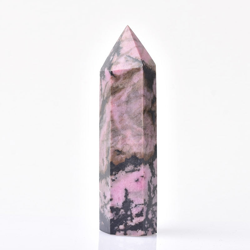 1pc Natural Quartz Point Rhodonite Healing Obelisk Pink Stone Wand Rhodochrosite Ornament for Home Decor Energy Stone Pyramid - Charlie Dolly