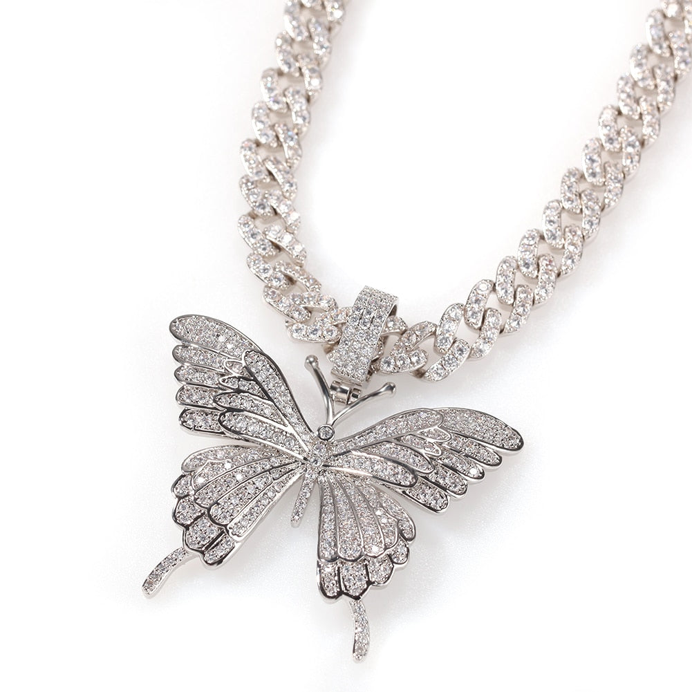Uwin Iconic Butterfly Pendant 9mm Cuban Chain Cubic Charm Pink Tennis Chain Necklace Men Women Hip Hop Jewelry Gift - Charlie Dolly
