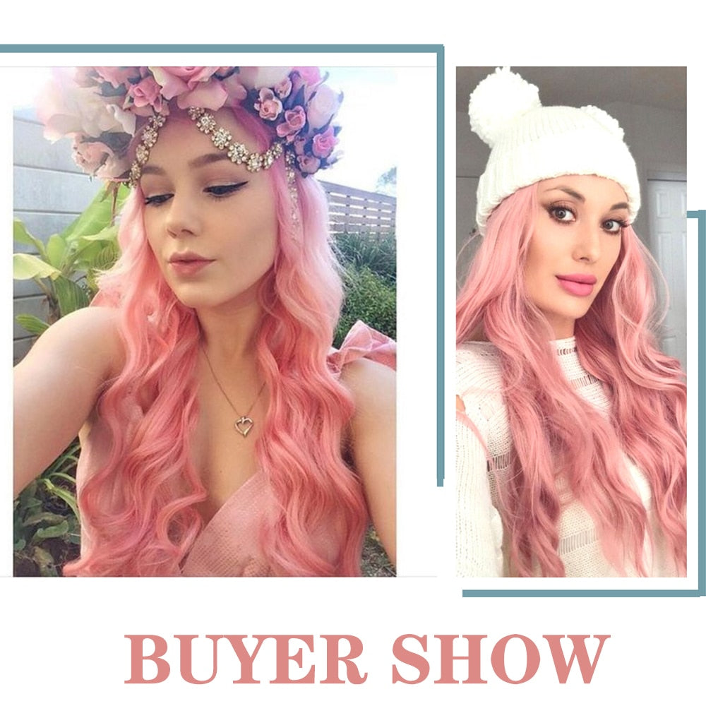 AZQUEEN Synthetic Wig for Women Long Pink Wigs Water Wave Heat Resistant Middle Part Natural Hair Wig Cosplay Wigs
