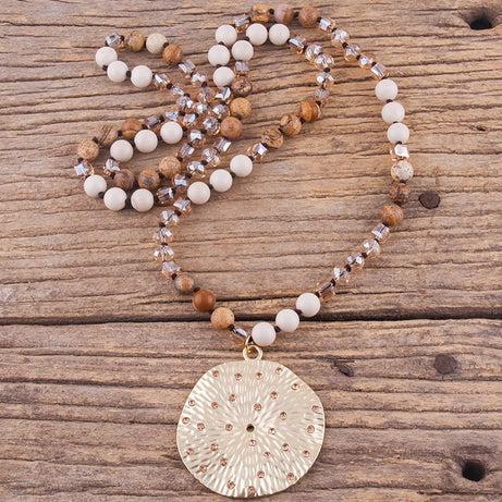 RH Fashion Bohemian Jewelry Natural Stones With Glass Links Crystal Round Pendant Necklaces For Women Boho Gift - Charlie Dolly
