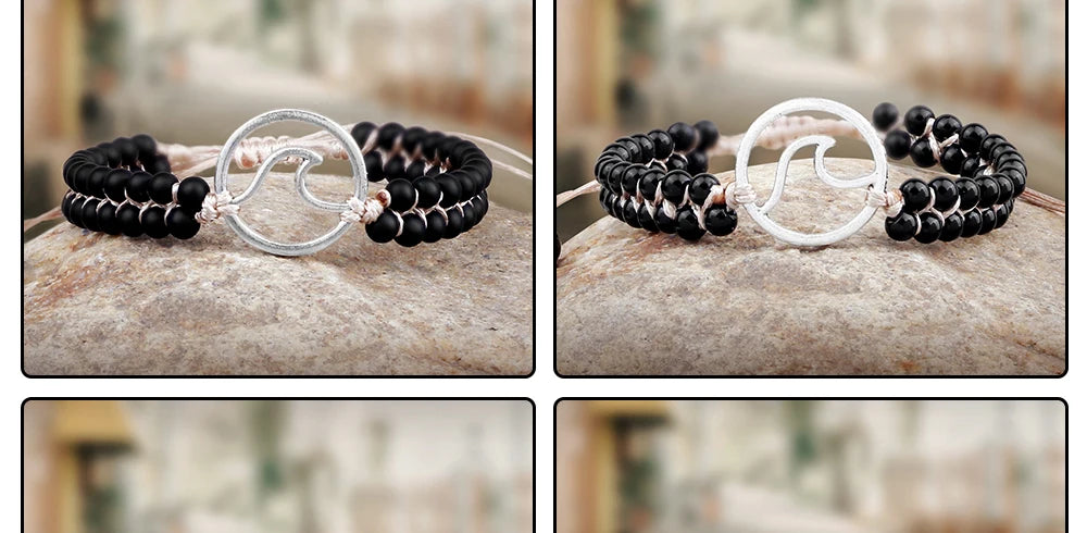 Boho Ocean Waves Bracelets Vintage Natural Stone Black Onyx Tiger Eye Beads Bracelet & Bangle Women Men Yoga Wristchain Jewelry