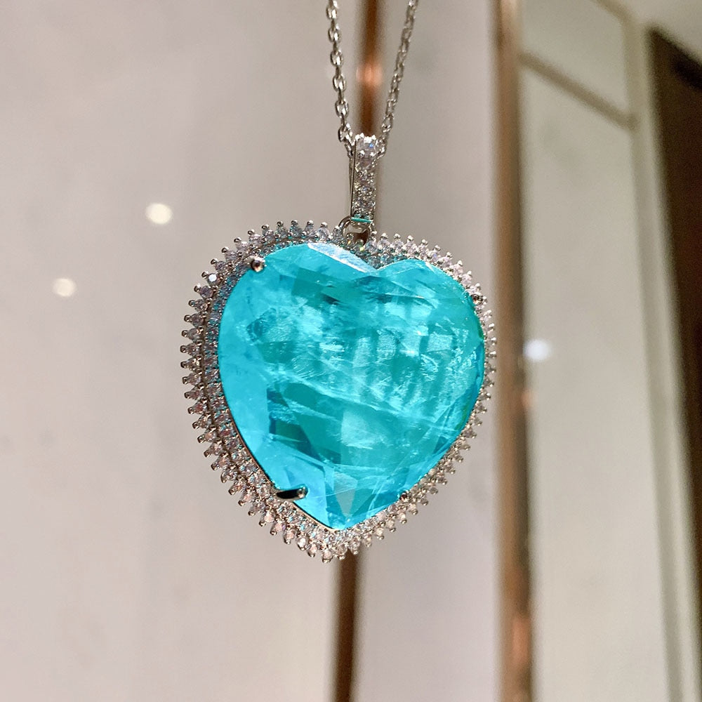 2021 32*32mm Heart Blue Crystal Paraiba Tourmaline Moissanite Gemstone Pendant Necklace for Women Fine Jewelry Anniversary Gift - Charlie Dolly