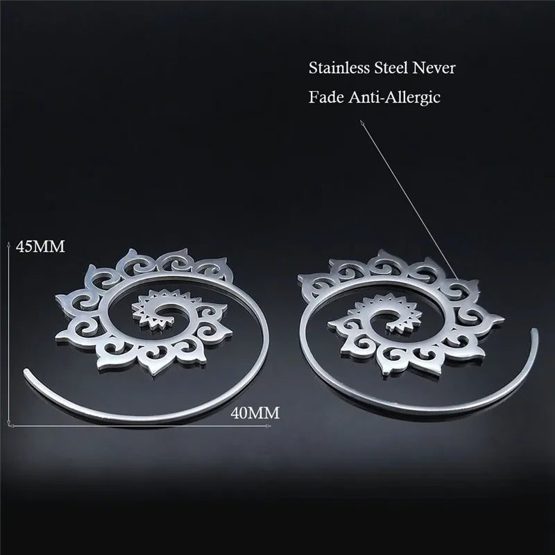 Indian Tribal Ethnic Stainless Steel Spiral Hoop Earrings Bohemian Mandala Flower Boho Earrings Women  Jewelry aros mujer E9205