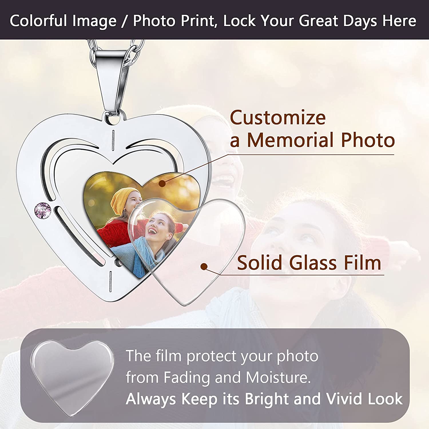 U7 Heart Necklace with 2-3 Birthstone Name Engraved Stainless Steel Custom Picture Pendant Necklaces for Women Girl - Charlie Dolly