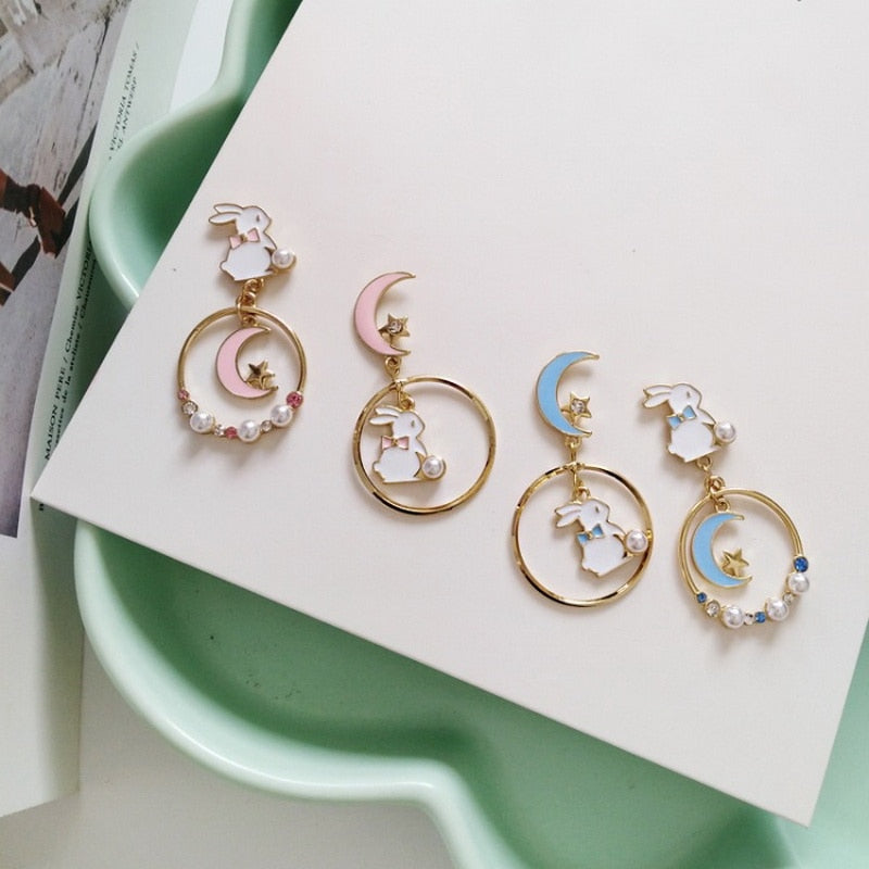 Cute Fashion Asymmetric Cat Rabbit Moon Star Stud Earrings For Women Girls Fan Flower Heart Fish Eardrop Wedding Dangle Jewelry - Charlie Dolly