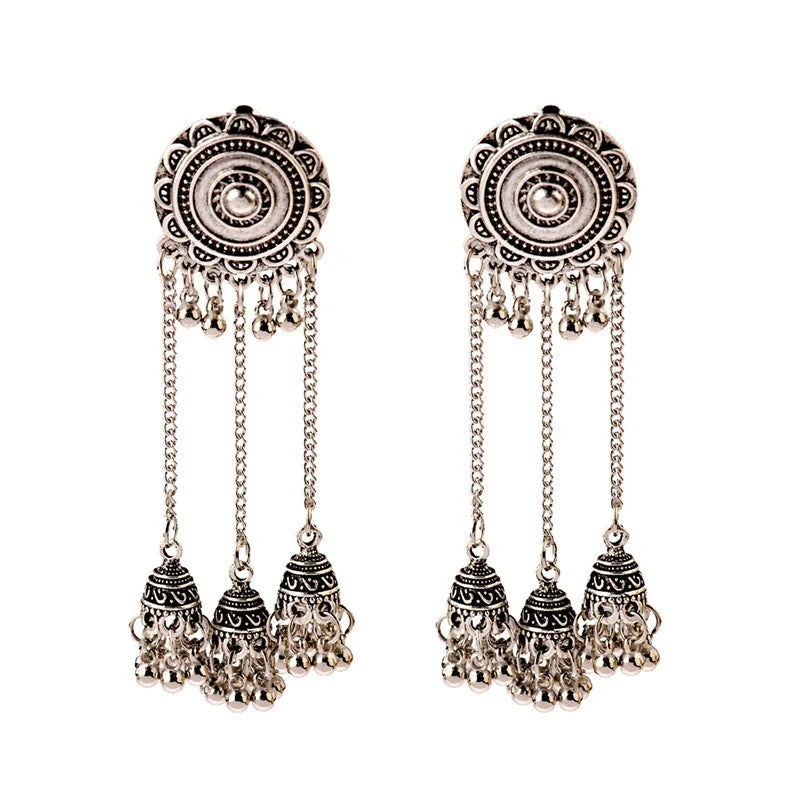 Indian Jhumka Earrings Gold Sliver Color Big Bells Drop Long Tassel Earring For Women Boho Gypsy Jewelry Gift