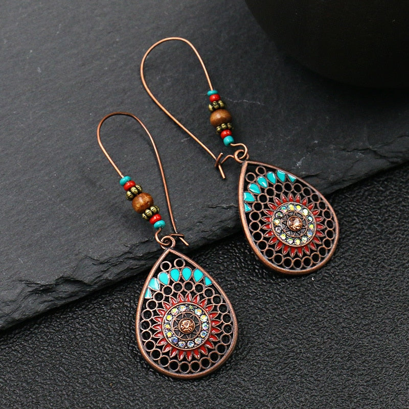 Exknl Fashion Vintage Drop Earrings For Women Alloy Crystal Ethnic Beads Boho Flower Earrings Colorful Dangle Earrings Jewelry
