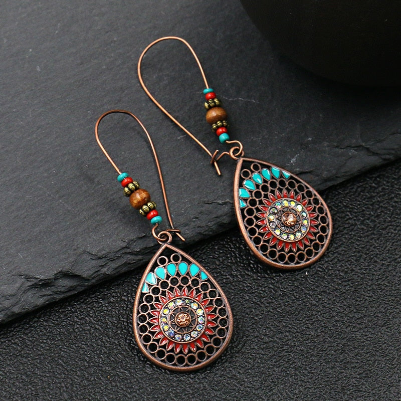 Exknl Fashion Vintage Drop Earrings For Women Alloy Crystal Ethnic Beads Boho Flower Earrings Colorful Dangle Earrings Jewelry - Charlie Dolly