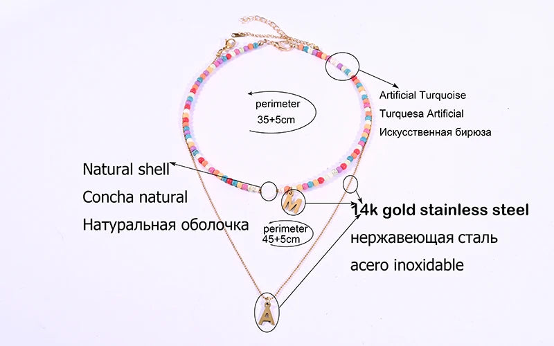 Colorful Beads Initial Choker for Women Stainless Steel Letter Pendant Necklace Fashion Shell Heart Jewelry Boho Accessories