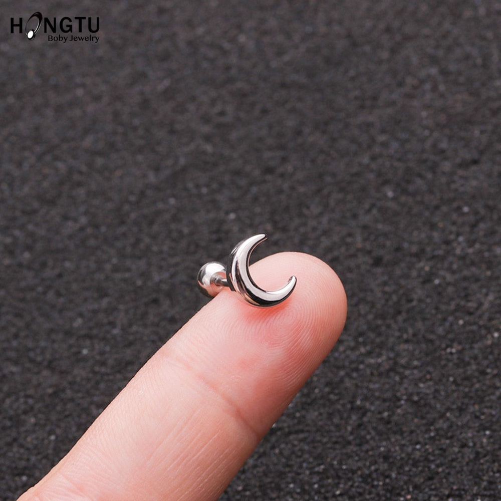 HONGTU 1PC Copper Flower Heart Moon Zircon Tragus Ear Piercing Surgical Steel Shaft Bar Daith Earrings Helix Cartilage Studs 16g - Charlie Dolly