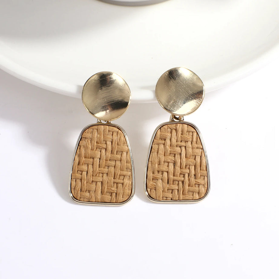 Wooden Rattan Braid Geometric Drop Earrings Jewelry