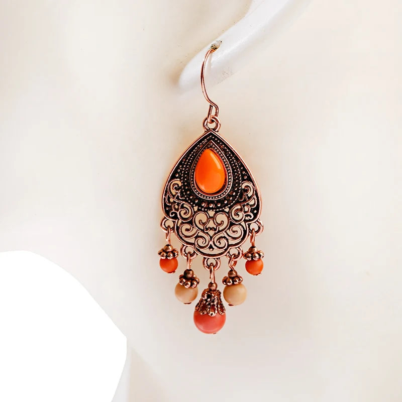 Bohemian Orange Beaded Tassel Drop Earrings Ethnic Carved Alloy For Women Vintage Stone Boho Ladies Earrings