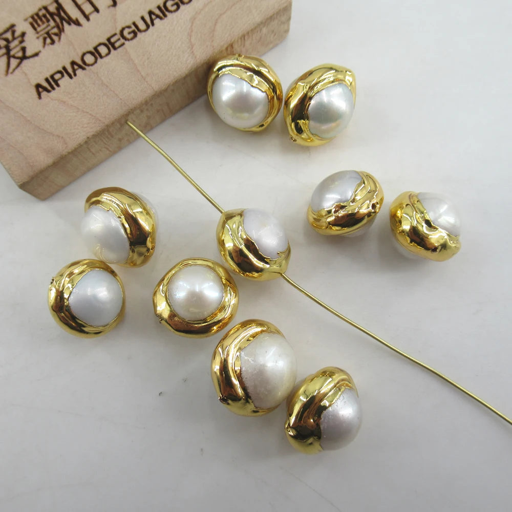 APDGG Wholesale 10 Pcs Gold Plated Natural White Pearl Beads Gemstone Charm Boho Jewelry DIY Making