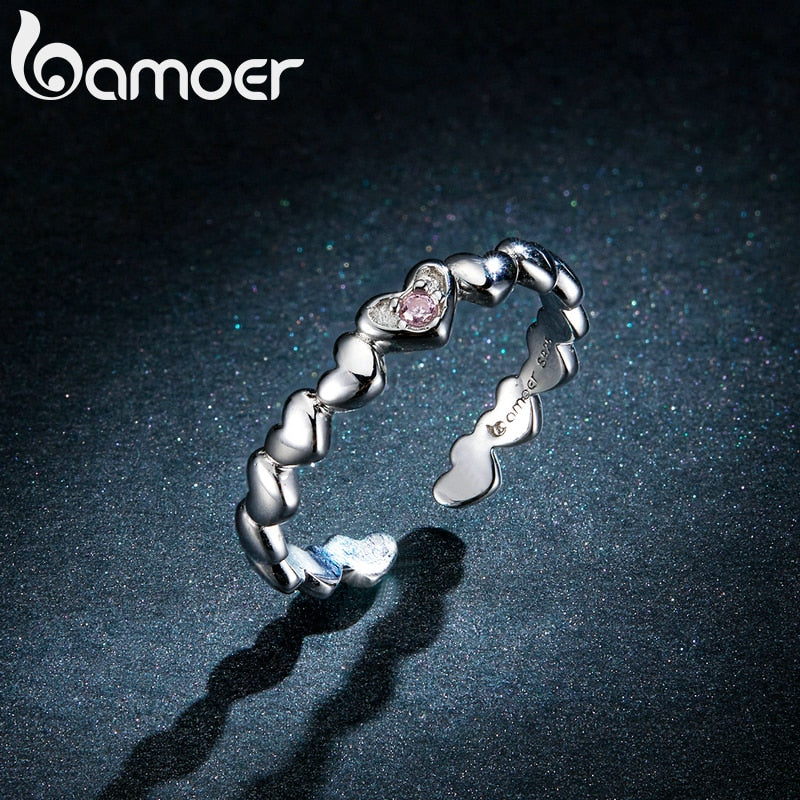 bamoer Pink CZ Heart Stackable Finger Rings for Women Free Size Adjustable Bands 925 Sterling Silver Jewelry Accessories BSR100 - Charlie Dolly