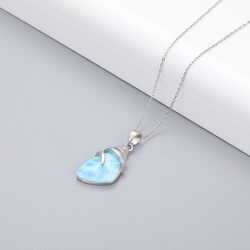 Shell Design 925 Sterling Silver Jewelry Gifts Classic Retro Precious Natural Larimar Pendant Necklace - Charlie Dolly