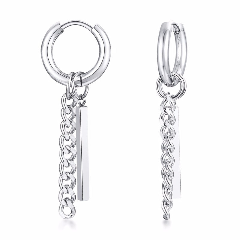 Men Bar Detail Hoop Earring For Women Men Piercing Stainless Steel Fringed Chain Earing - Charlie Dolly