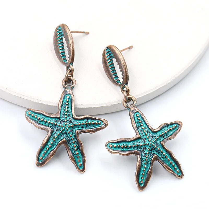 Vintage Earrings Starfish Shell Dangle Drop Earrings For Women Boho Statement Jewelry Anti-Copper Brass Alloy Earrings Brincos