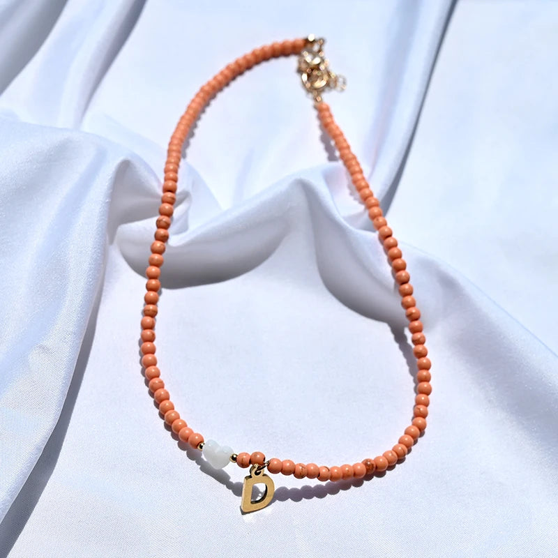Colorful Beads Initial Choker for Women Stainless Steel Letter Pendant Necklace Fashion Shell Heart Jewelry Boho Accessories