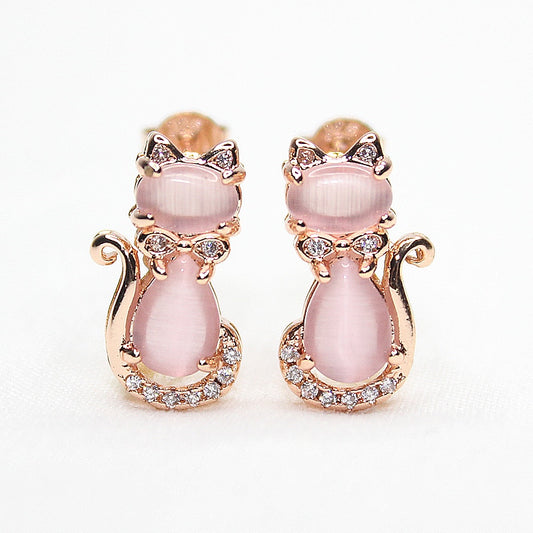 HuiSept Trendy 925 Silver Earrings Cat Shape Pink Rose Quartz Zircon Gemstones Jewelry Stud Earrings for Women Wedding Wholesale - Charlie Dolly