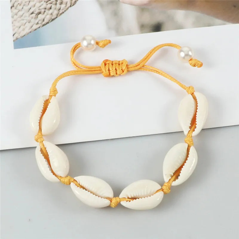 Vintage Boho Shell Bracelet Handmade Rope Chain Natural Shell Cowrie Charm Strand Bracelet Women Femme Ankle Jewelry Party Gifts