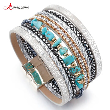 Amorcome Boho Natural Stone Leather Bracelets for Women Female Vintage Braided Rope Wide Multilayer Wrap Bracelet Men Jewelry