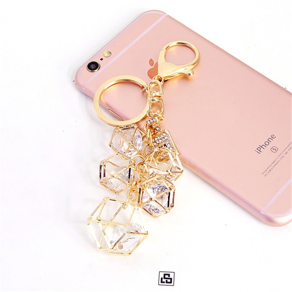 Elegant Crystal Rhinestone Geometric Keychain For Women Girls Gold Color Metal Car Key Rings Creative Fashion Jewelry Gift Q-005