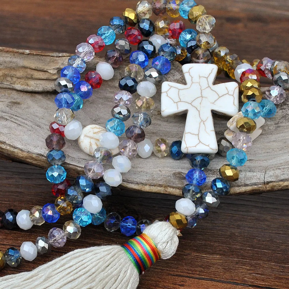 White Stone Crystal Bead Long Tassel Necklace Jewelry