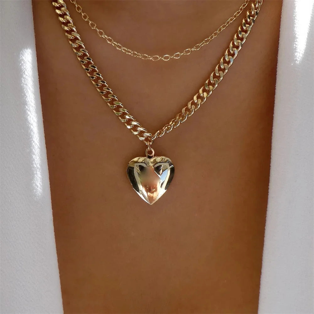 Gold Heart Multilayer Pendant Necklace Set Jewelry