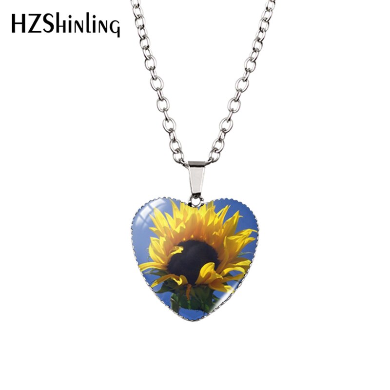 Sunflower Heart Necklace Yellow Sunflower Pendant Glass Picture Jewelry Fashion Heart Necklace HZ3 - Charlie Dolly