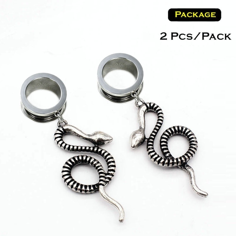 2 Pcs/Pack Screw-fit Cobra Snake Pendant Ear Tunnel Plugs Ear Gauges Flesh Piercing Stainless Steel Ear Expander Reamer 4mm-25 - Charlie Dolly