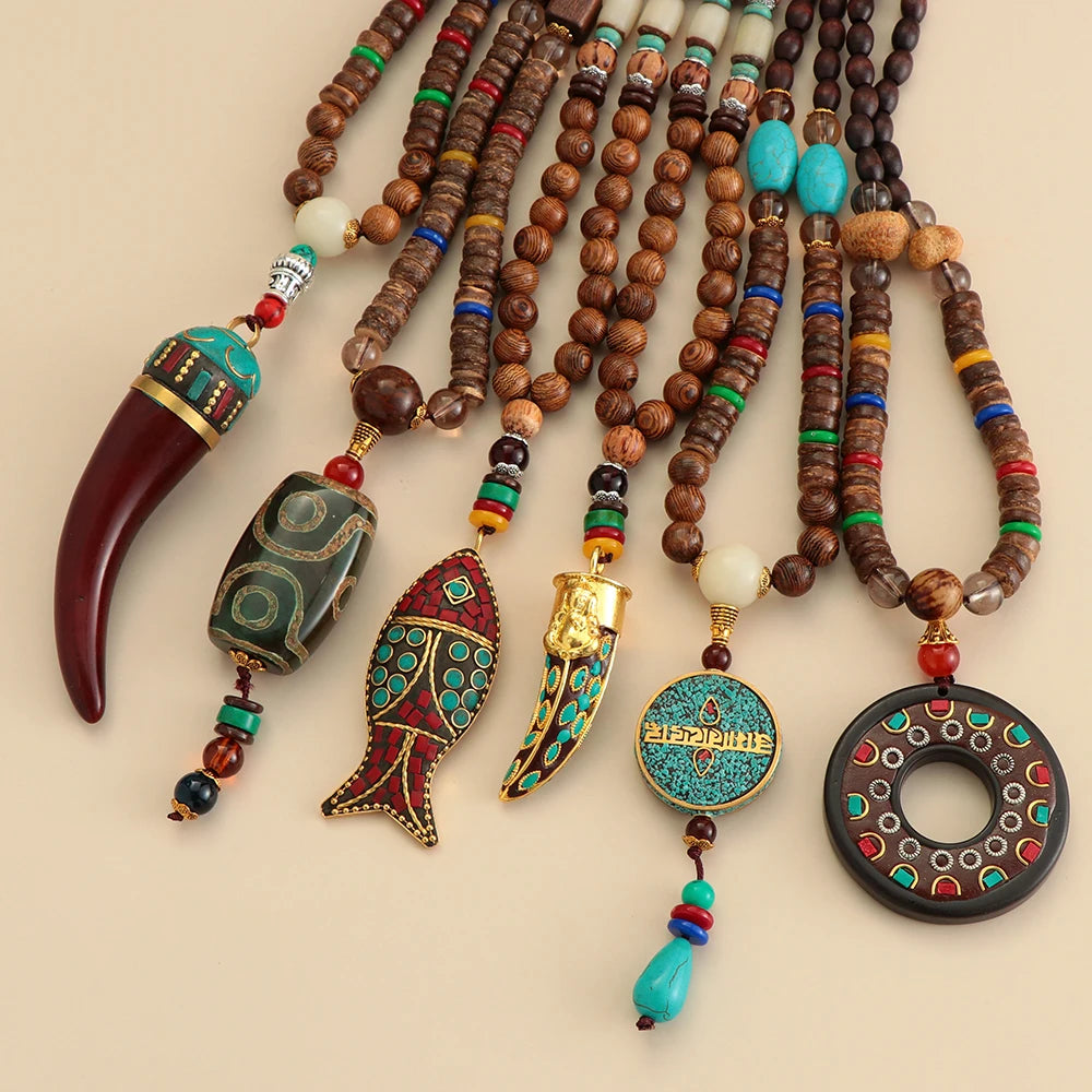 Nepal Wood Bead Pendant Long Necklace Jewelry