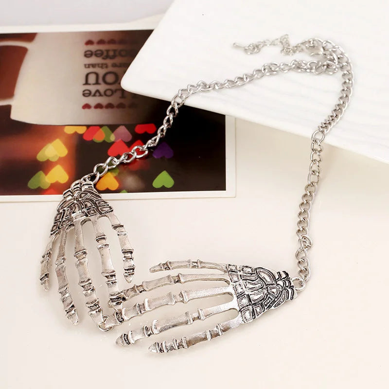 Gothic Punk Skeleton Hand Pendant Necklace For Women Vintage Hip Hop Skull Halloween Jewelry Party Accessories - Charlie Dolly