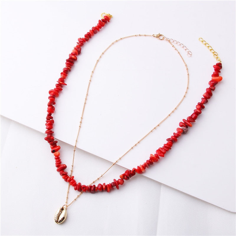 Bohemian Multilayer Necklace Rhodonite Blue Stone Red Coral Handmade Necklaces for Women Shell Pendant Necklace Party Jewelry - Charlie Dolly