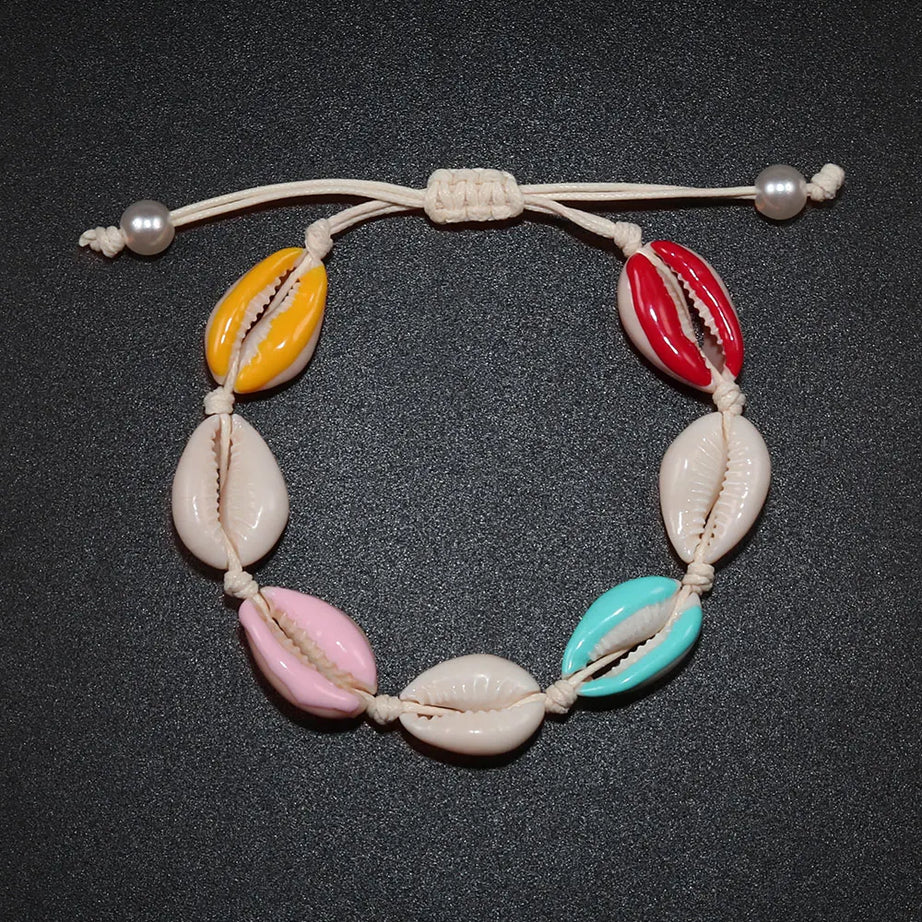 Rainbow Seashell Hand Knit Boho Bracelet