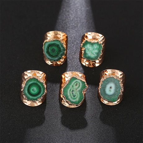 Boho Irregular Natural Stone Agate Slices Sunflower Wide Open Ring for Women Gold Plated Resizable Finger Jewelry - Charlie Dolly