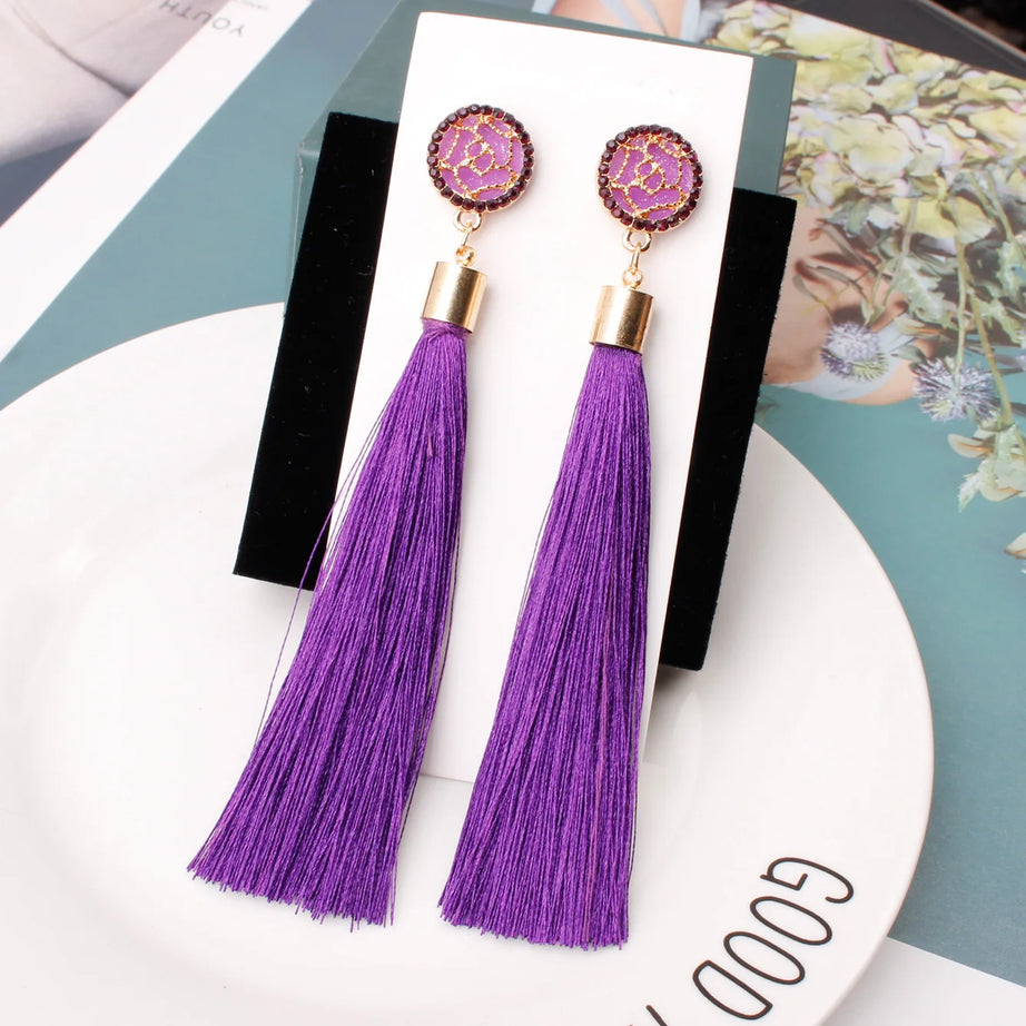 Silk Rose Flower Crystal Long Tassel Earrings Jewelry