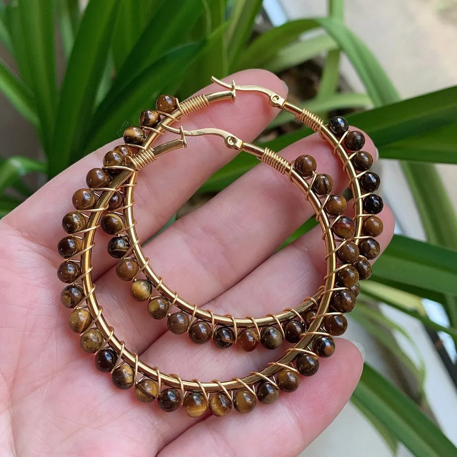 50mm Large Natural Stone Earrings for Women Ear Ring Agates Crystal Gold Plated Stainless Steel Circle Hoop Earring Boho Jewelry - Charlie Dolly