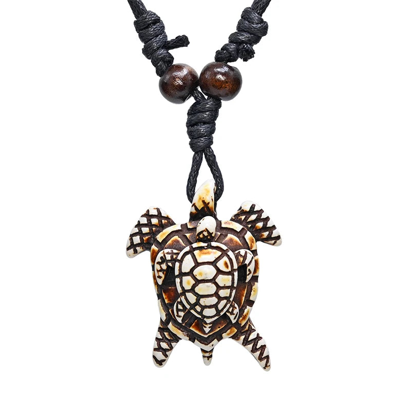 Sea Turtle Bone Pendant Wax Cord Necklace Jewelry
