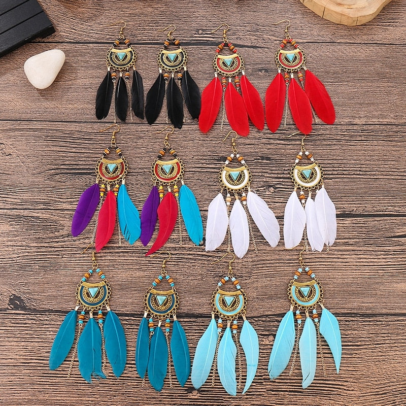 Bohemian White Semicircle Long  Feather Tassel Ladies Earrings Women Summer Indian Jewelry Natural Wood Beads Dangle Earrings - Charlie Dolly