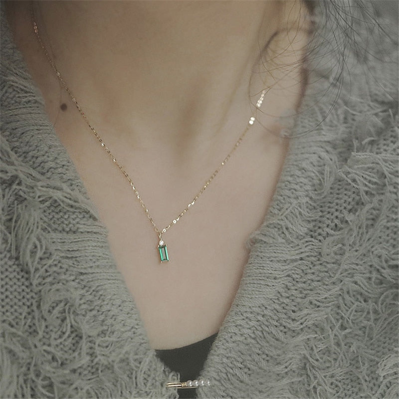 925 Sterling Silver European Simple Square Green Crystal Pendant Clavicle Chain Necklace Women Classic Plating 14k Gold Jewelry - Charlie Dolly
