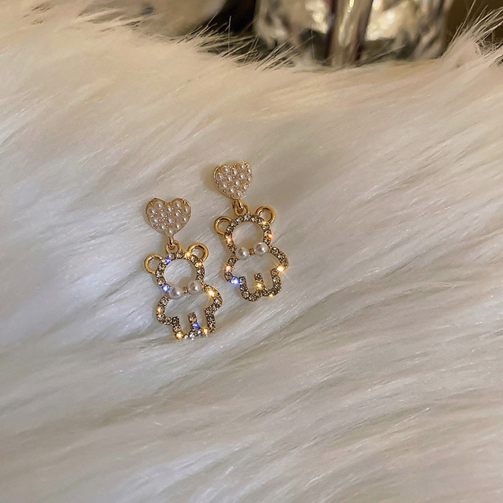 Pearl Rhinestone Bear Love Earrings Female Exquisite Small Earrings Korea Simple Cute Earrings Female Party Beautiful Jewelry - Charlie Dolly