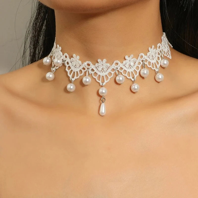 Lace Choker Pearl Tassel Necklace Jewelry