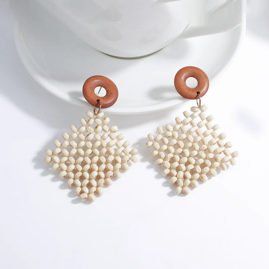 Wooden Rattan Braid Geometric Drop Earrings Jewelry