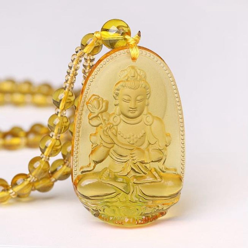 Buddha Guardian Gods Pendant Necklace For Women Men Carved Yellow Stone Amulet Necklaces Jewelry - Charlie Dolly